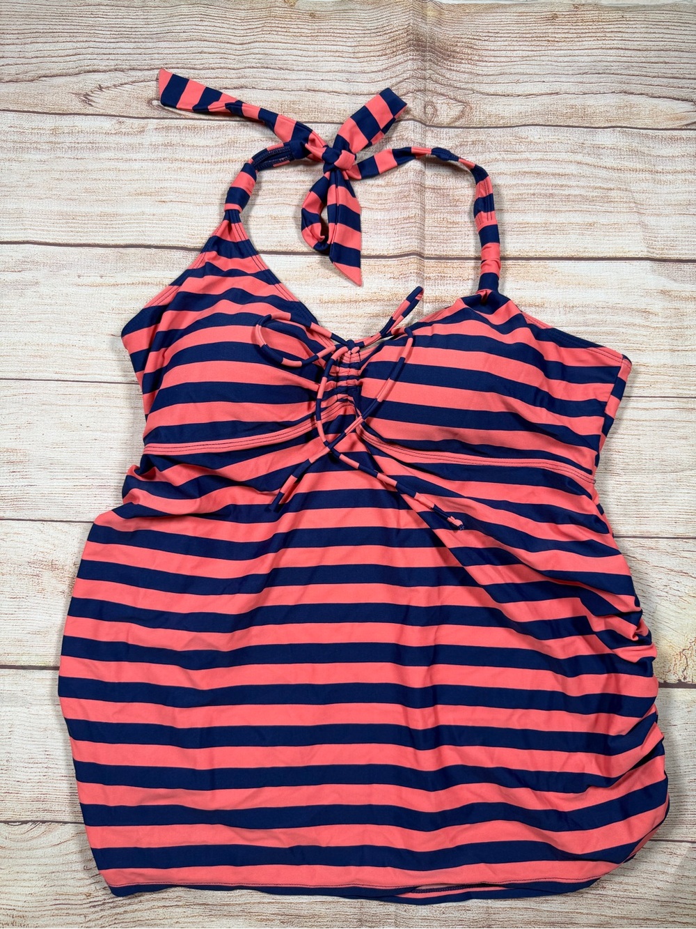 Maternity Striped Halter Tanikini Swimsuit Top in Coral and Navy